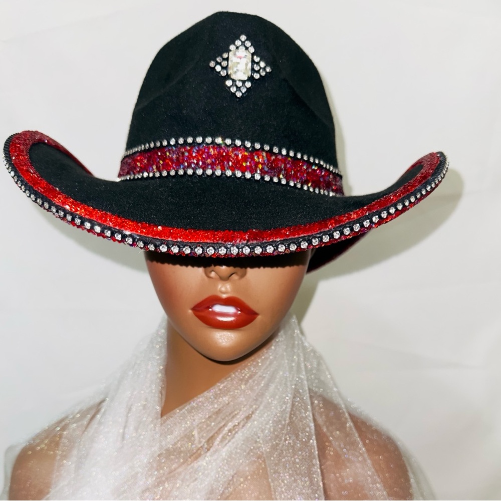 Sparkly Black & Red Rhinestone Cowboy Hat | Glam Festival & Concert Cowgirl Hat